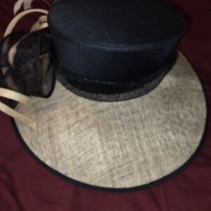Wide Brim Straw Hat with Navy Crown and Ribbon